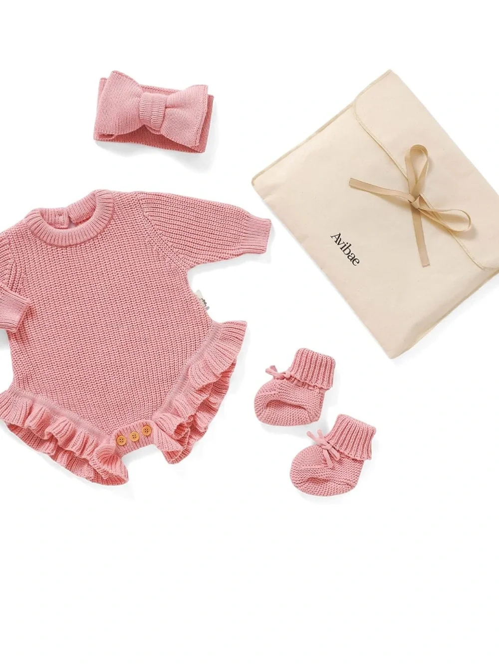 Avibae Pink Knit Baby Romper with Matching Hat & Booties